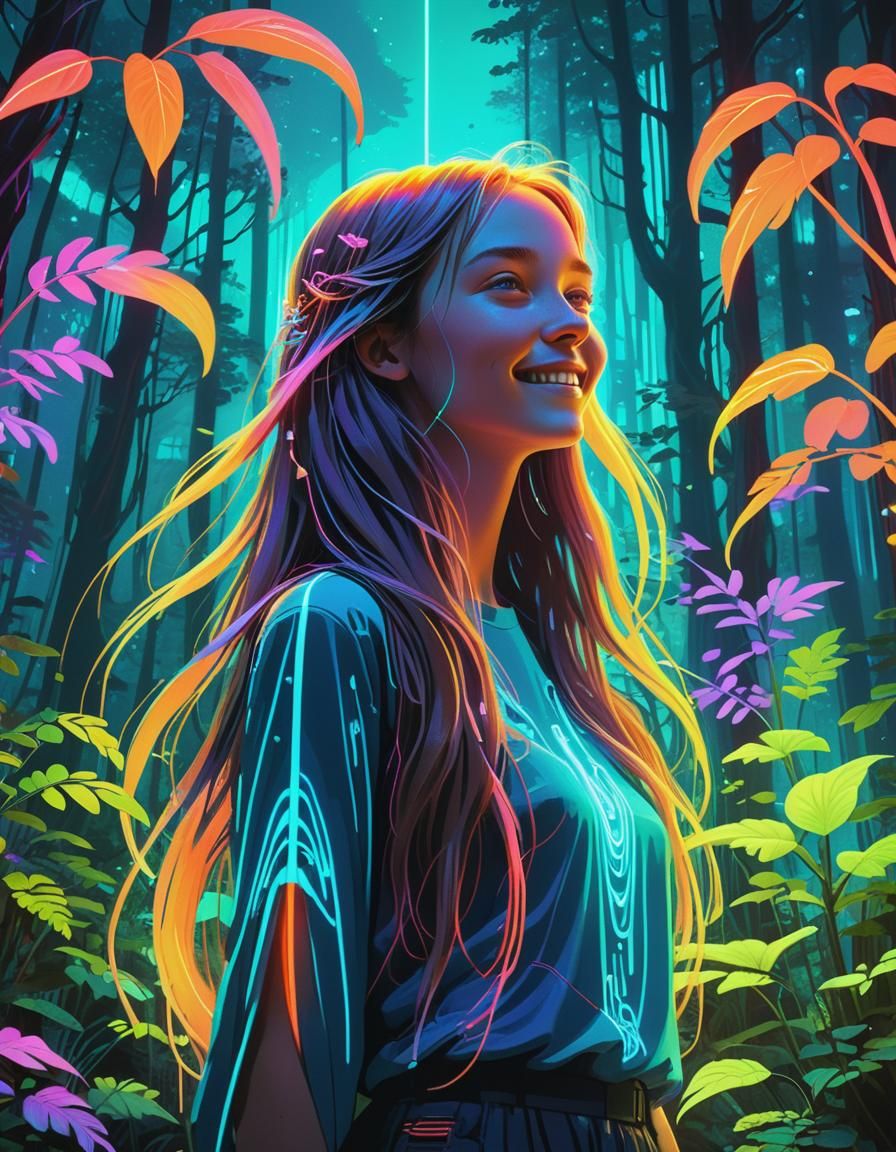 Surreal Neon Dreamscape: Woman in Fluorescent Forest