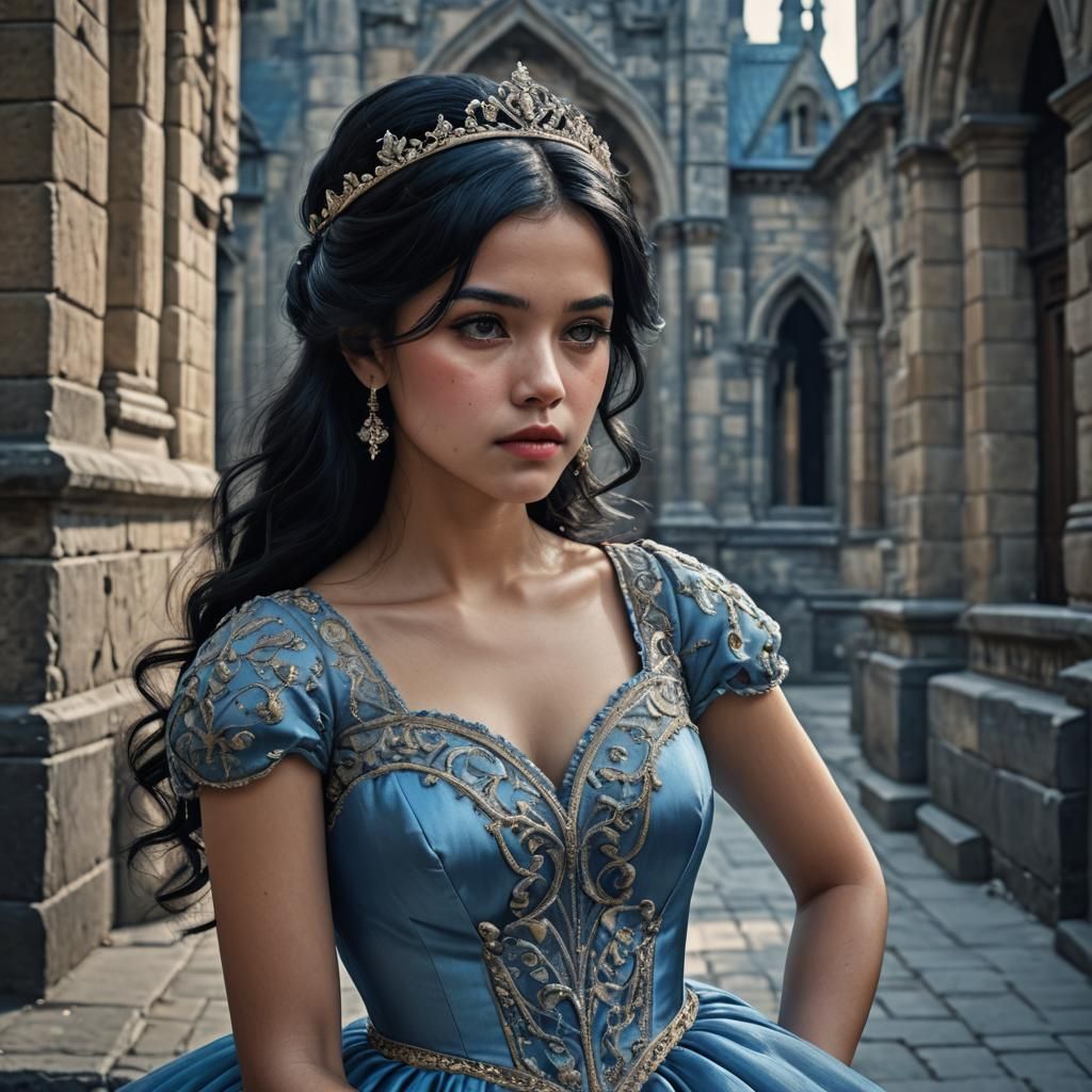 Beautiful Princess with Black Hair in Blue Dress