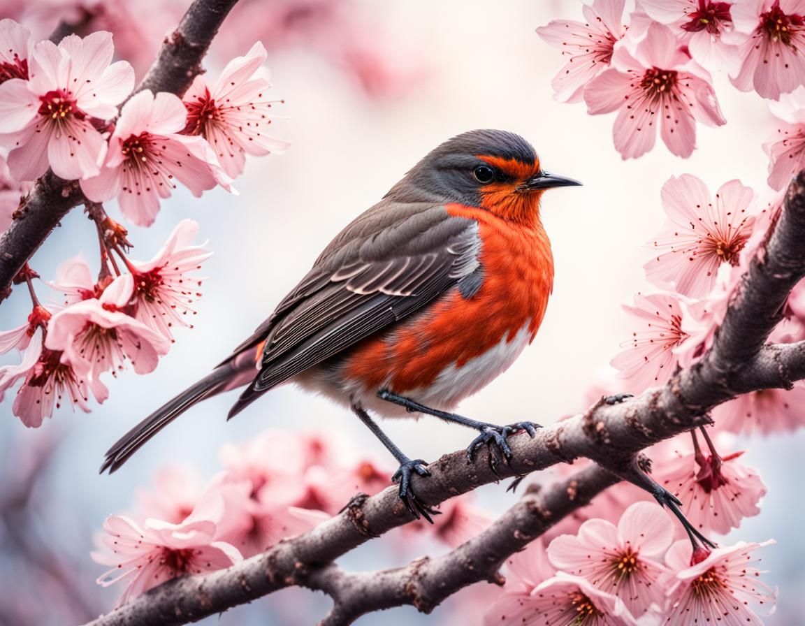 Red Robin in Cherry Blossoms: Hyperrealistic Bird Portrait