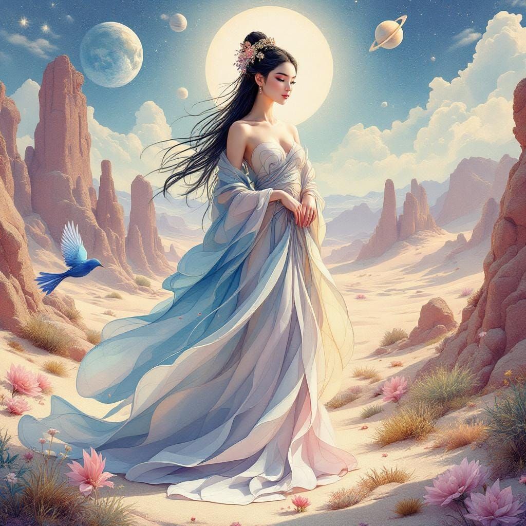 Oriental Goddess in Fantastical Desert Landscape