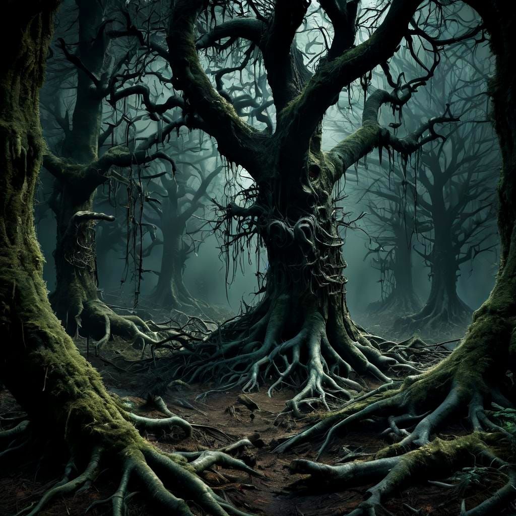 Gloomy Fantasy Forest with Twisted Hemp Trees