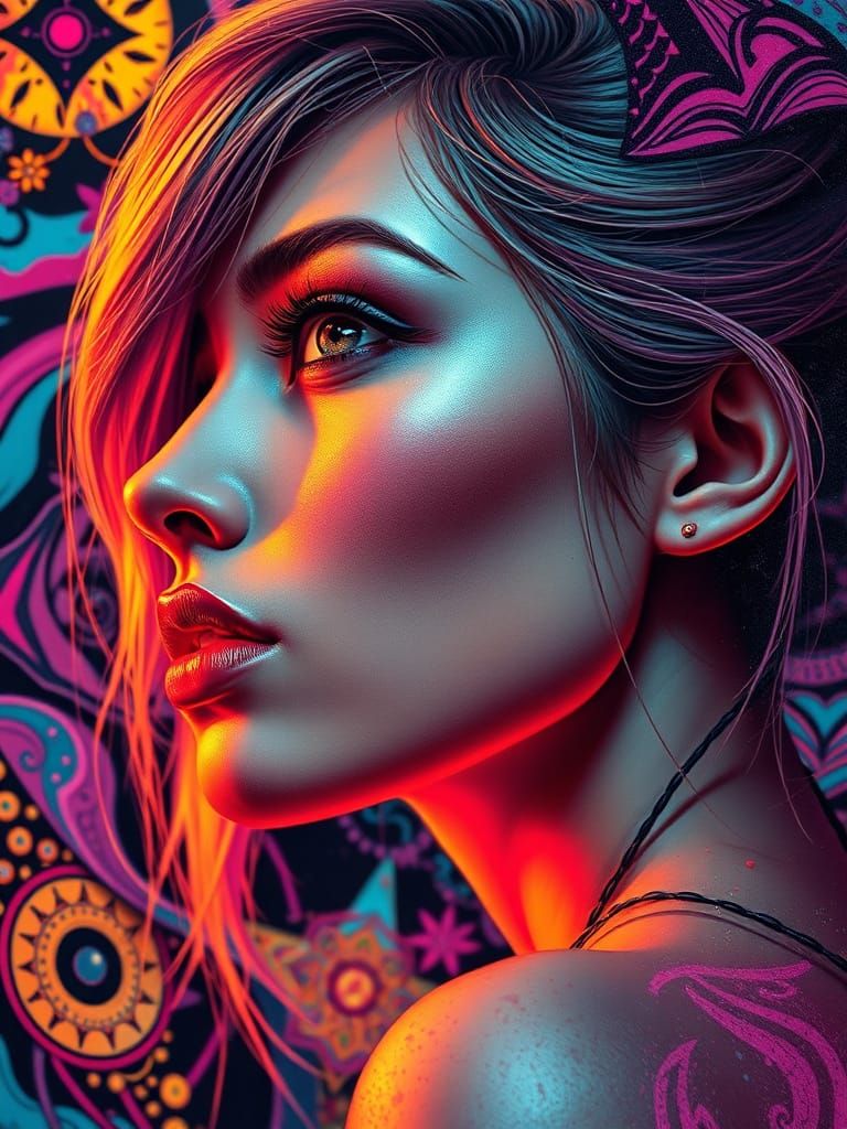 Hyper-Realistic Portrait of a Woman in Vibrant Psychedelic S...