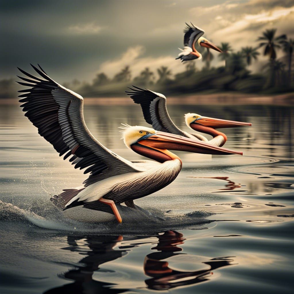 Pelicans Gliding: Hyperrealistic Avian Coastal Scene