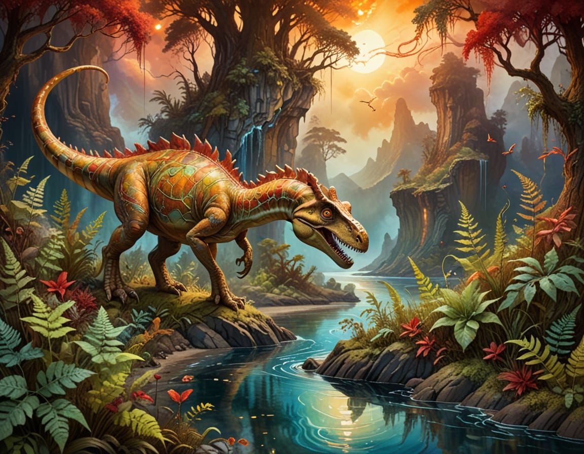 Jurassic Period: Dreamlike Surrealist Landscape with Dinosau...