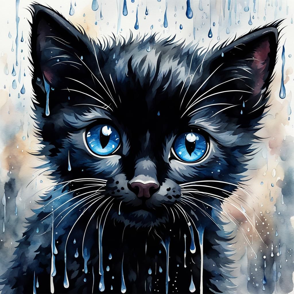 Crying Black Kitten with Blue Eyes: Watercolor Painting