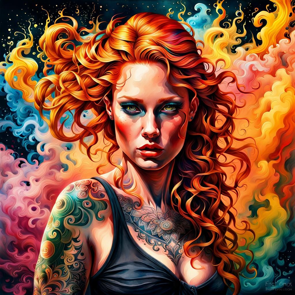 a watercolor painting of a woman. Bright colored smoke all a...