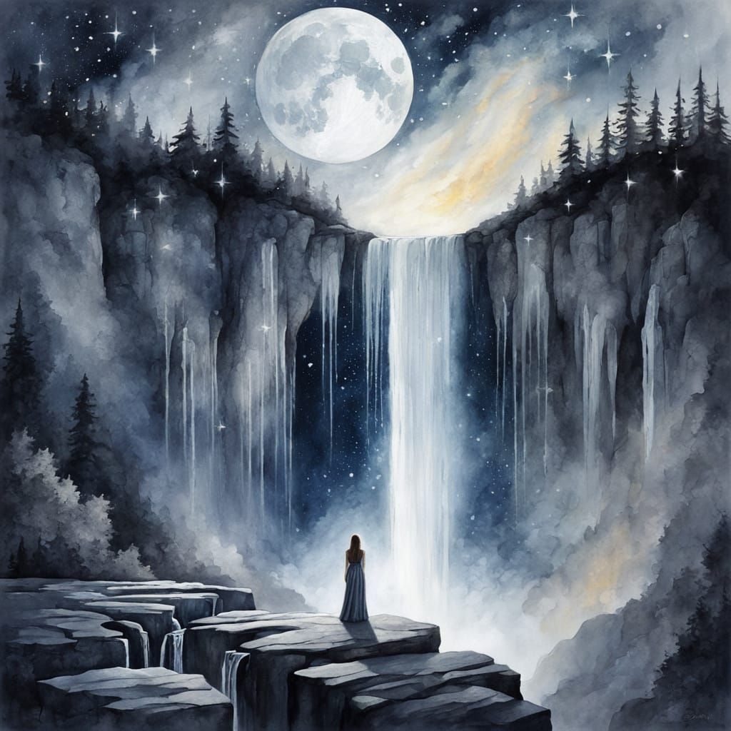 Woman Gazing at Waterfall in Dreamlike Watercolor Painting