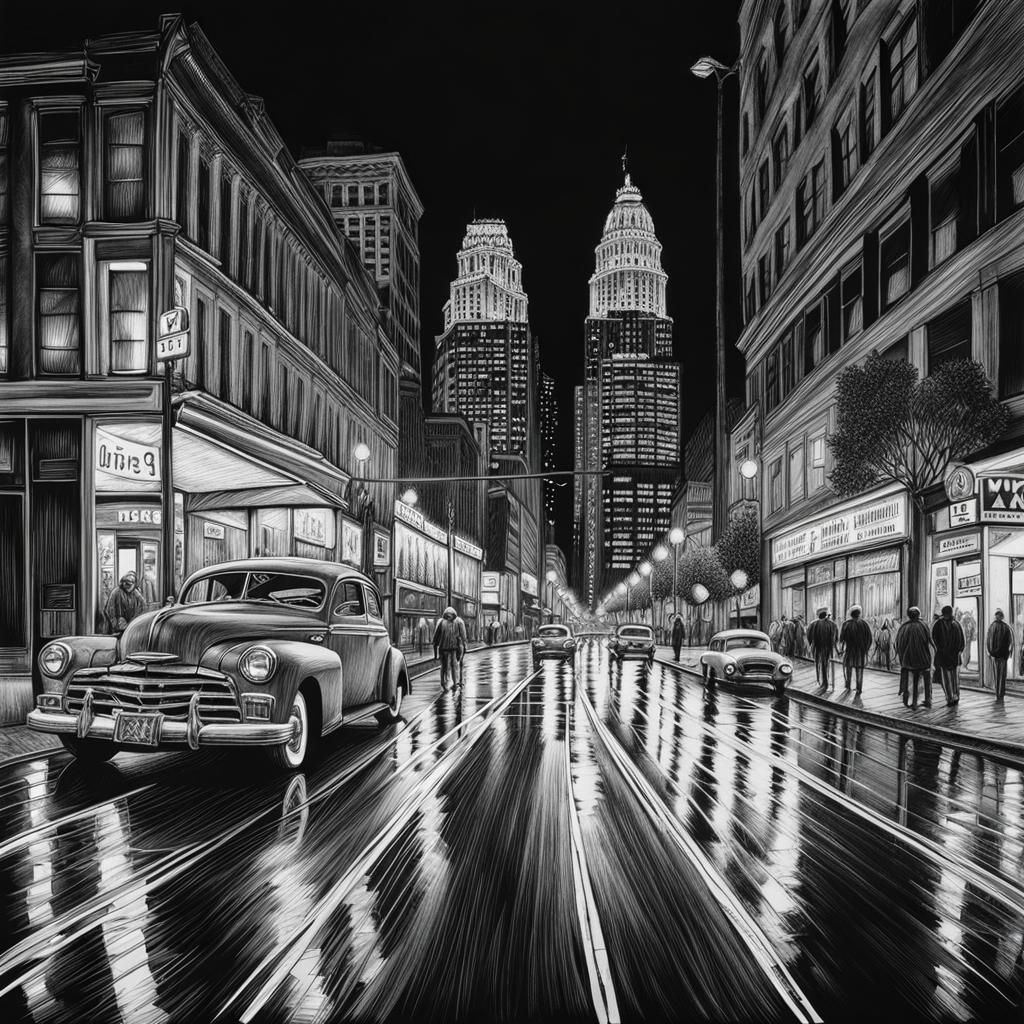 Austin Street Scene Framed in Triangle, Charcoal Drawing