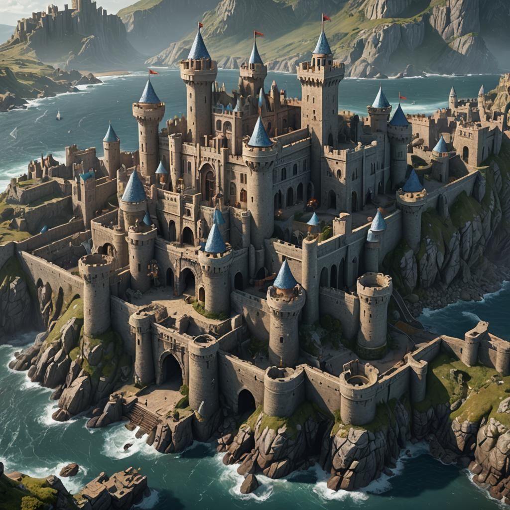 Coastal Fortress with Knights, Matte Painting Style