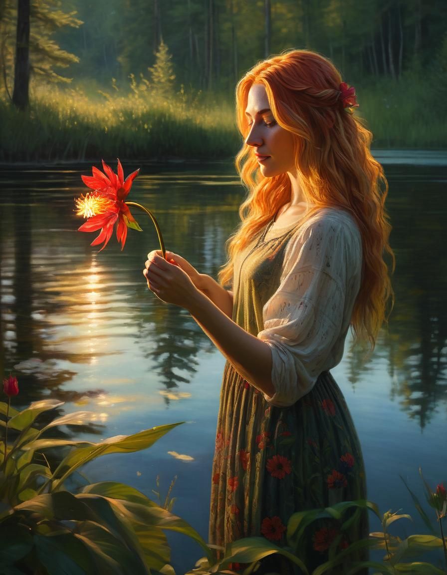Dreamy Forest Lake Scene with Scarlet Fireflower