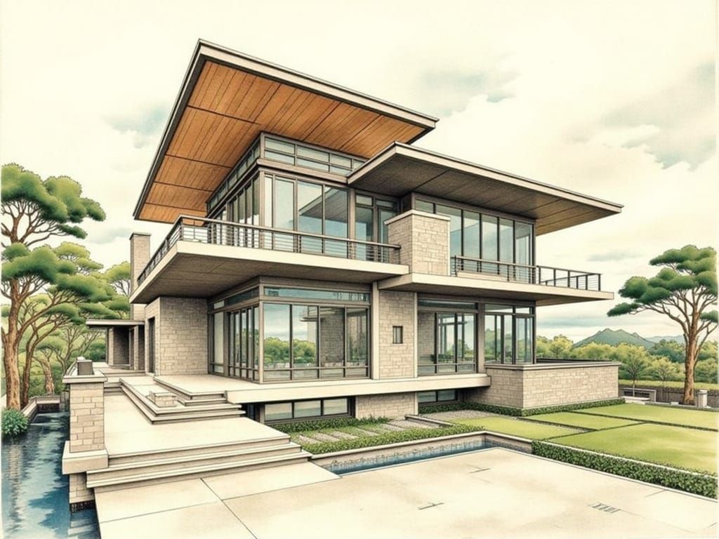 Modernist Japanese Watercolor Painting of a FL Wright-Inspir...