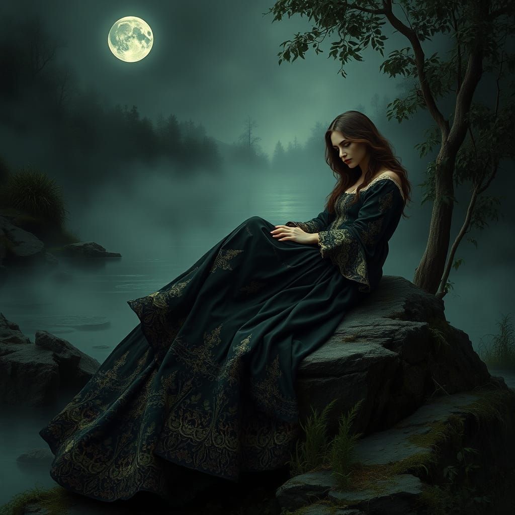 Mysterious Medieval Maiden in Moonlit Landscape