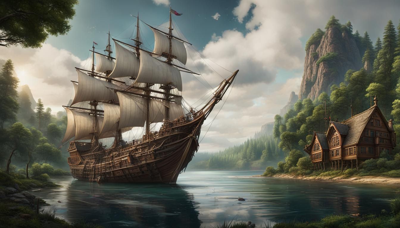 Fantastical 3-Masted Ship and Village Matte Painting