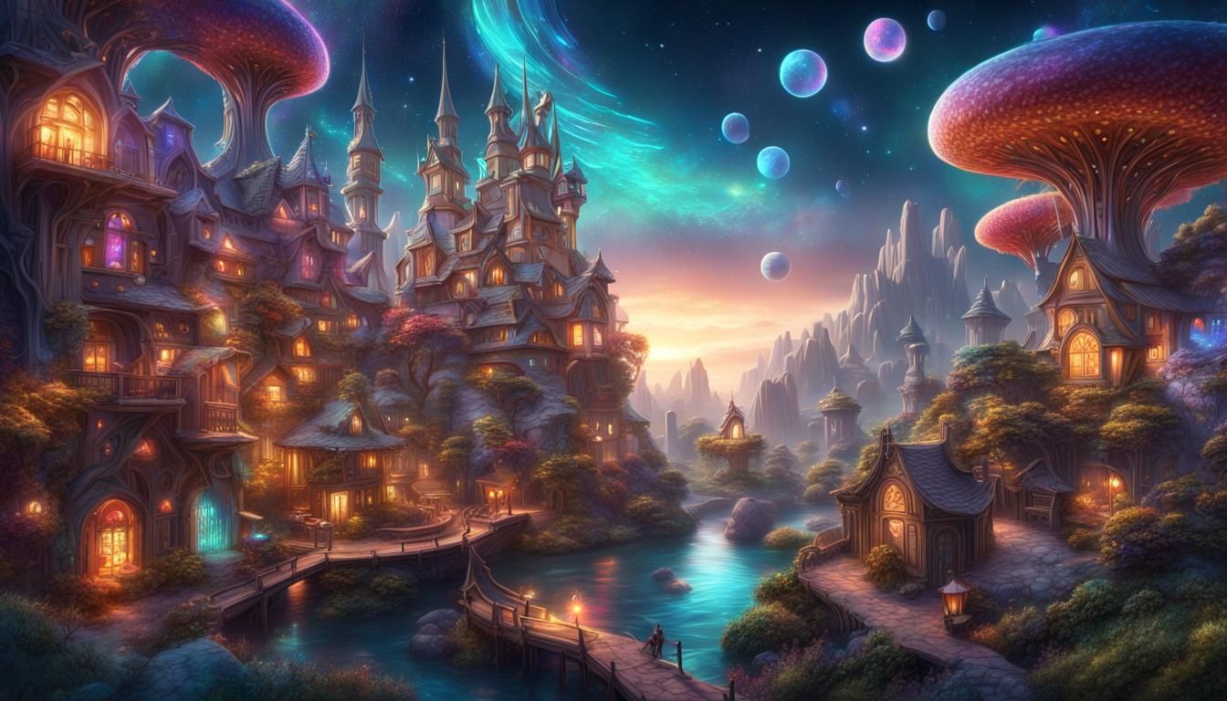 Enchanting Fairy Town: A Cosmic Illustration