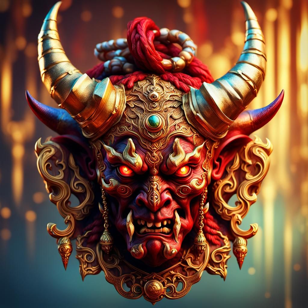 Elaborate Gold Necklace with Red Horned Demon Pendant
