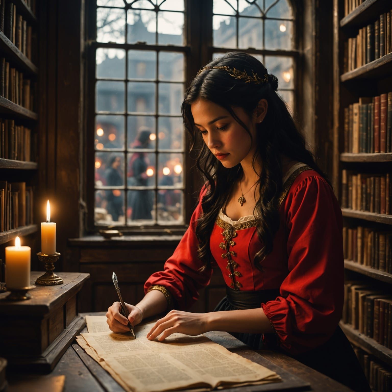 Elegant Girl Reads Ancient Parchment in Dusty Bookstore