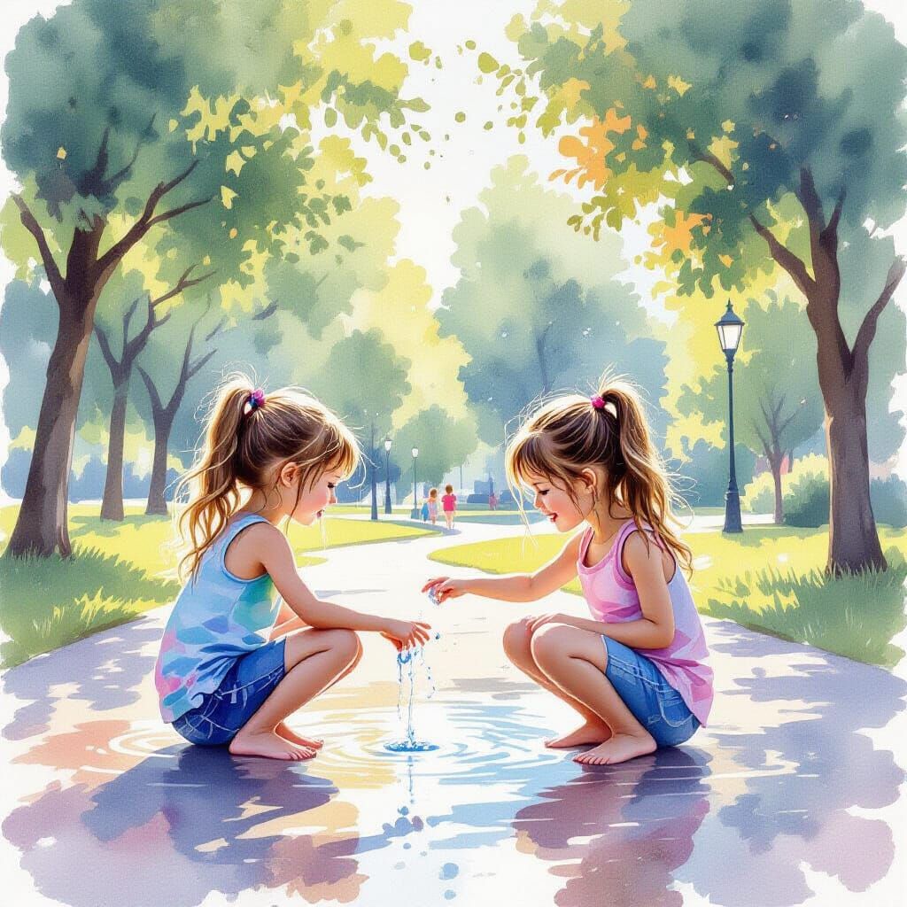Sisters Playing in Park as Watercolor Painting