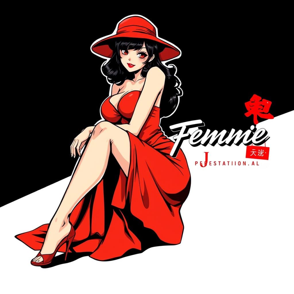 Sultry Anime Pin-Up Girl in Bold Red Dress