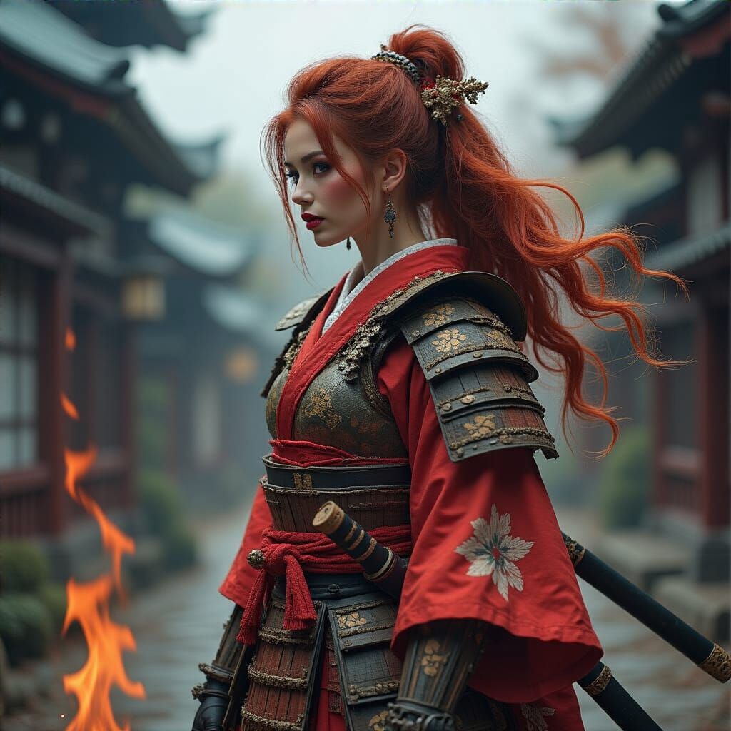 Redhead Samurai Fire Spirit in Japanese Ambiance