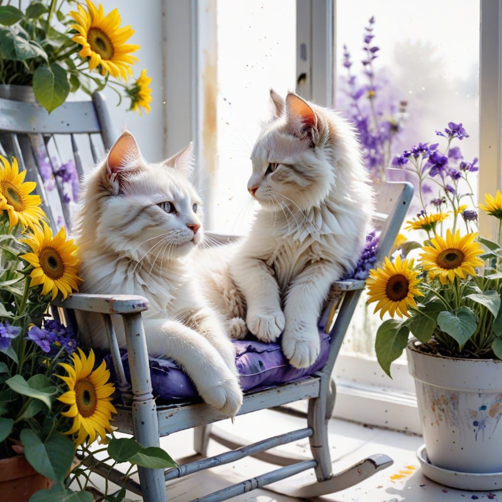 Sleepy Kittens in Rocking Chair, Watercolour Painting