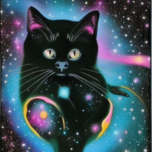 Cute Black Cat Gazing at Galaxy in Vibrant Colors