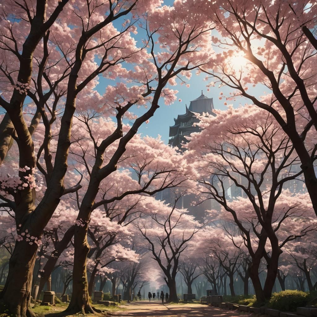 Cherry Blossom Trees in a Serene Landscape