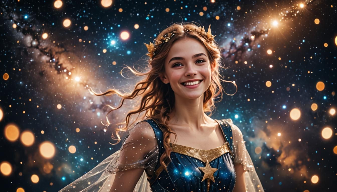 Smiling Fairy Walks Among Stars in Space