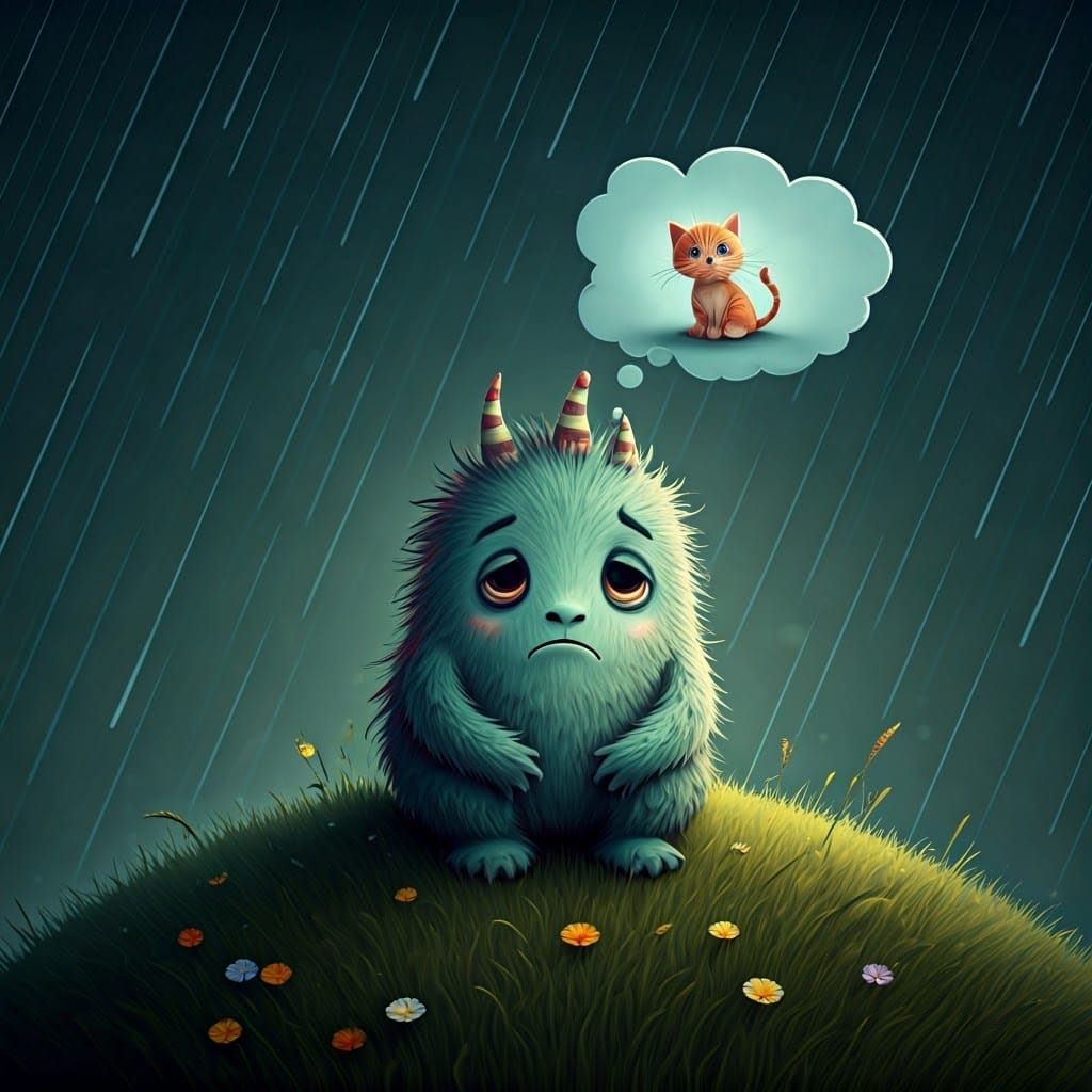 Sad Monster Dreaming of a Kitten