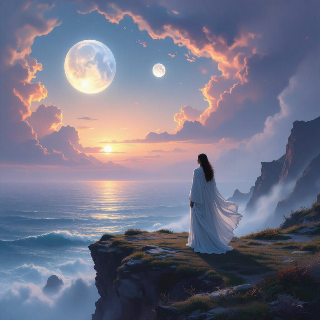 Woman on Alien Cliff Under Nebulae Sky