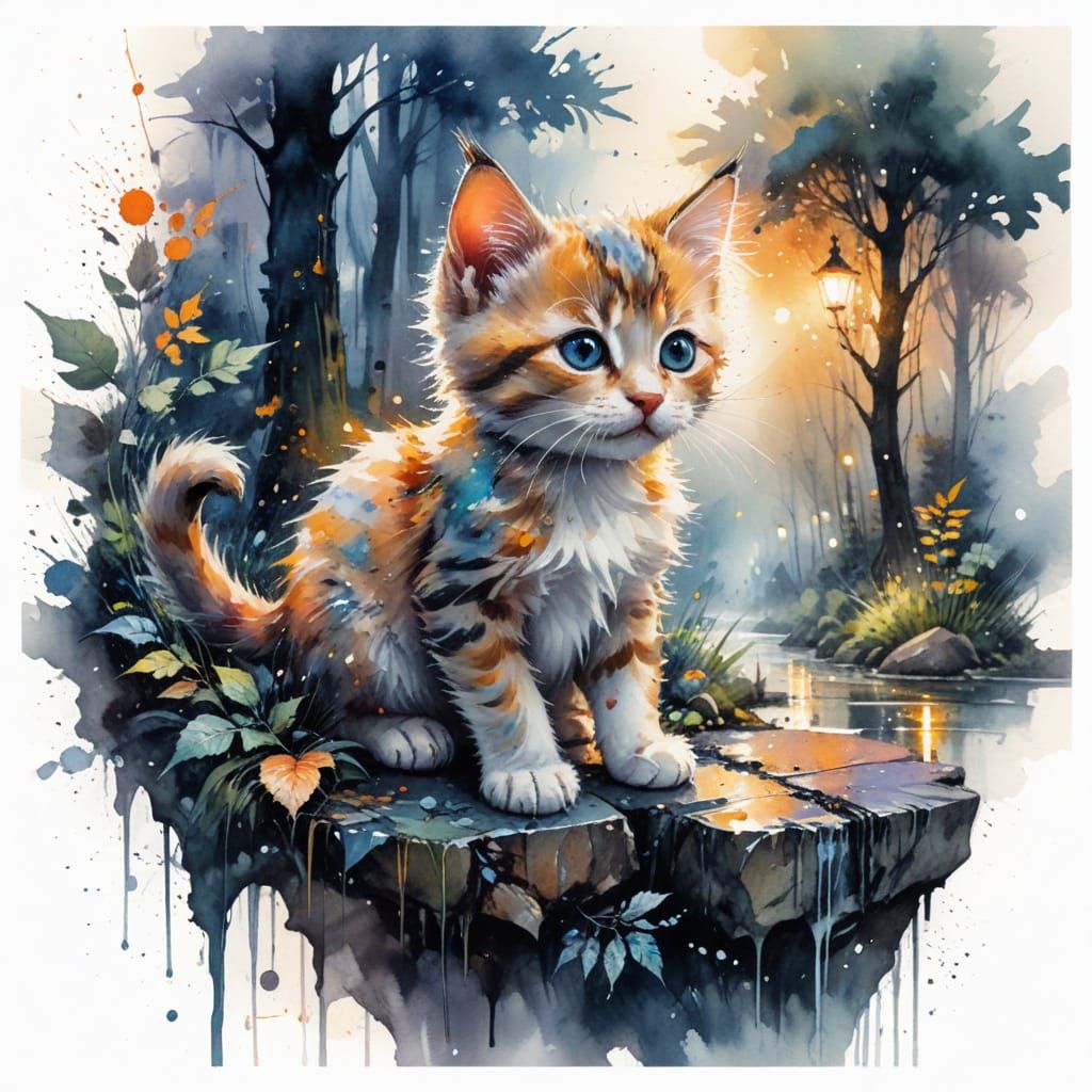 Mysterious Kitten in Moonlit Metropolis, Watercolor Style