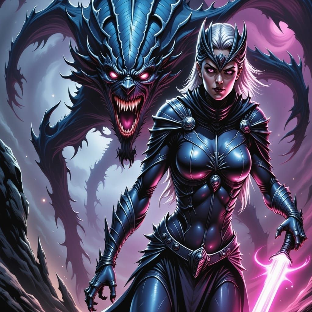 Fierce Warrior Battles Cosmic Monster in Neon-Lit, Sci-Fi La...