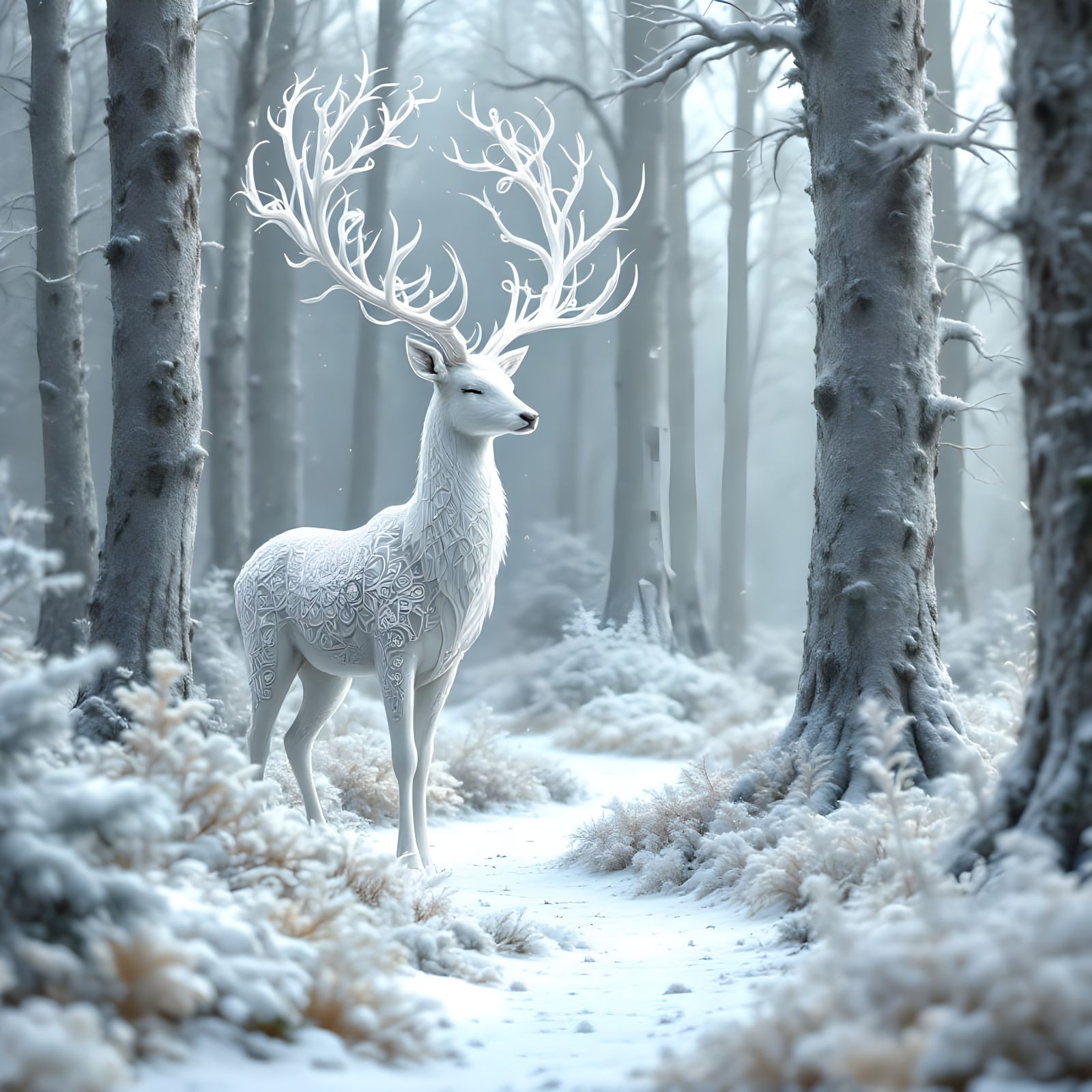 Intricate White Deer in Winter Fantasy Forest