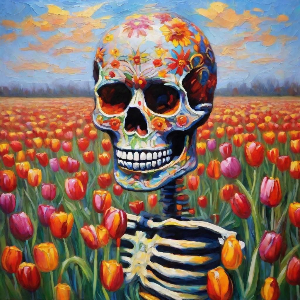 Sugar Skull Skeleton in Neo-Impressionistic Flower Field