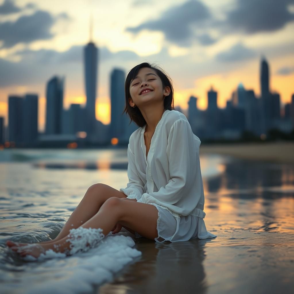 Girl on Beach at Sunset with Surrealist Elements