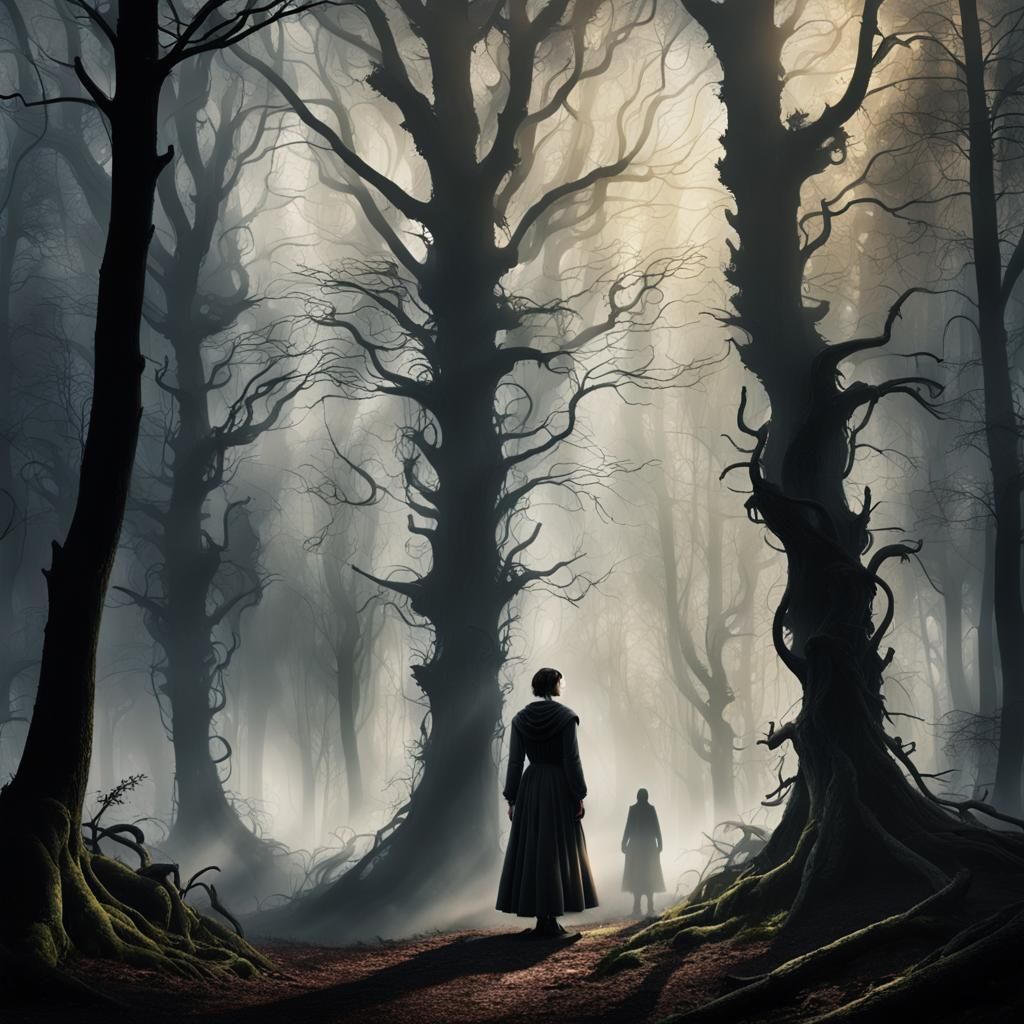 Ethereal Figure in Misty Forest: Dark Romanticism