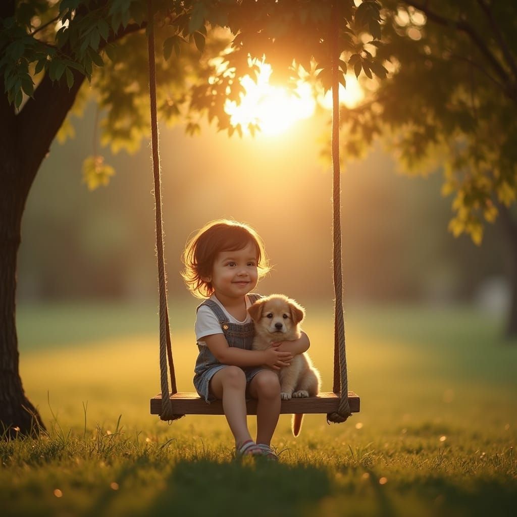Joyful Child with Puppy on Swing
