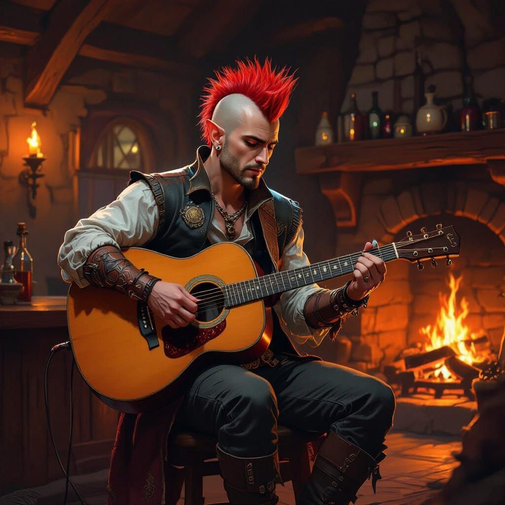 Half-Elf Bard Plays Guitar in Cozy Tavern Fantasy Art