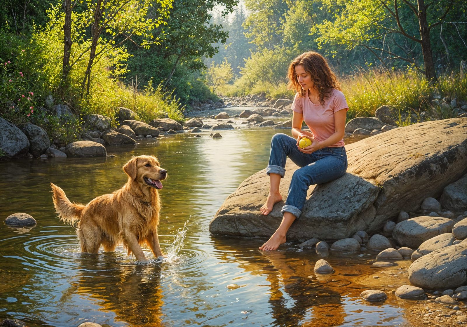 Woman and Golden Retriever at Wilderness Creek, Oil Painting