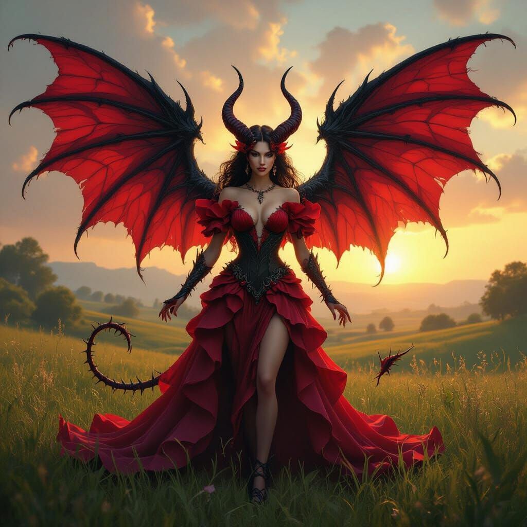 Demon Woman with Red Petals and Black Wings