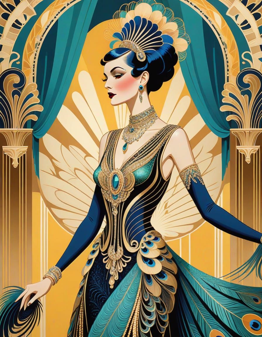 Elegant Aristocrat in Iridescent Haute-Couture, Art Deco Pal...