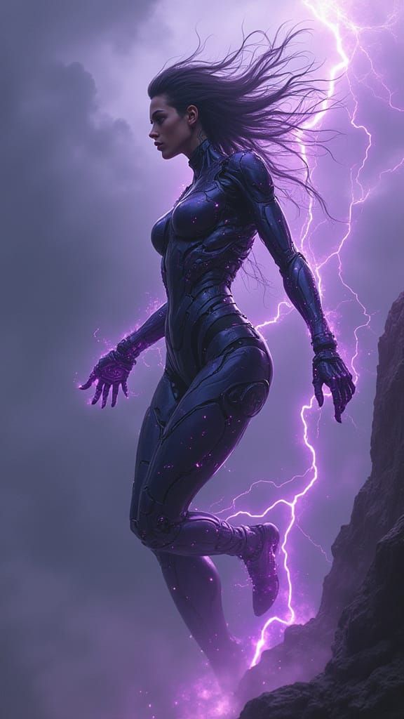 Cyberpunk Warrior Goddess Defies Dark Fantasy Storm