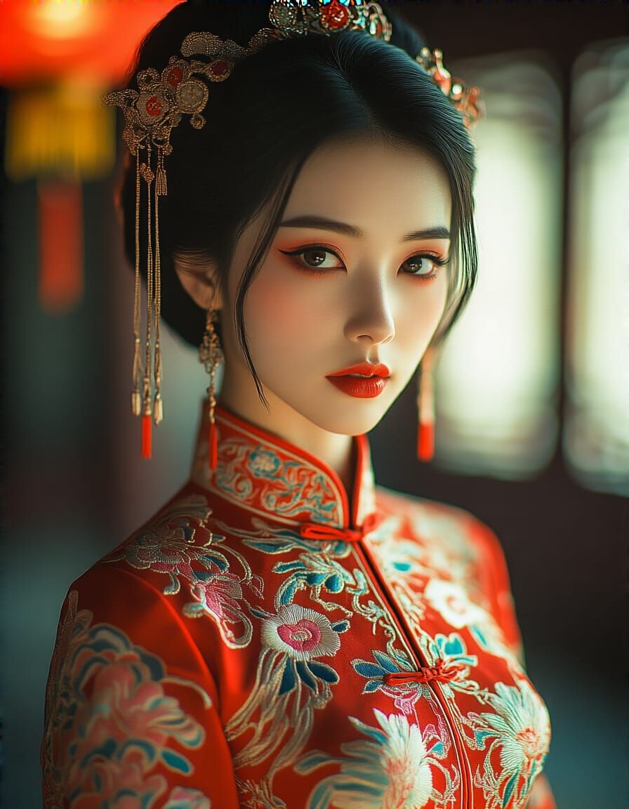 Chinese Woman in Embroidered Cheongsam, Cinematic Lighting