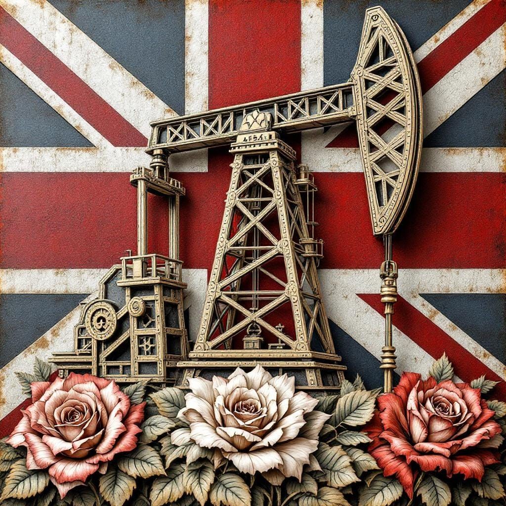 Detailed Oil Rig Derrick Engraving with Floral Accents