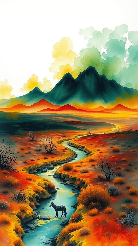 Surreal, Dreamlike Landscape with Toxic Greens and Fiery Ora...