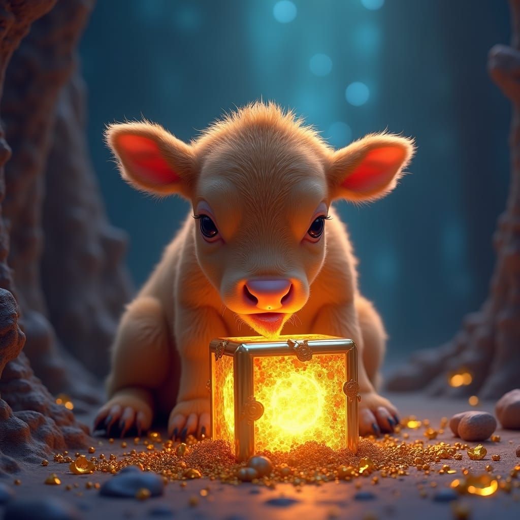 Golden Calf Licking Cube, Digital Matte Painting