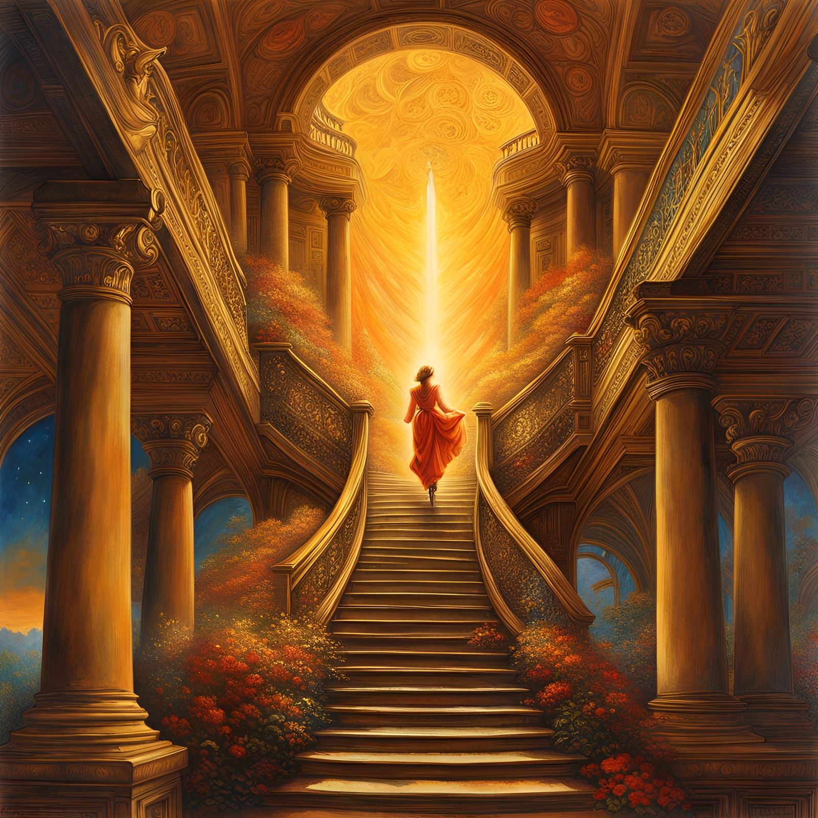 Woman Ascending Stairway to Heaven in Watercolor