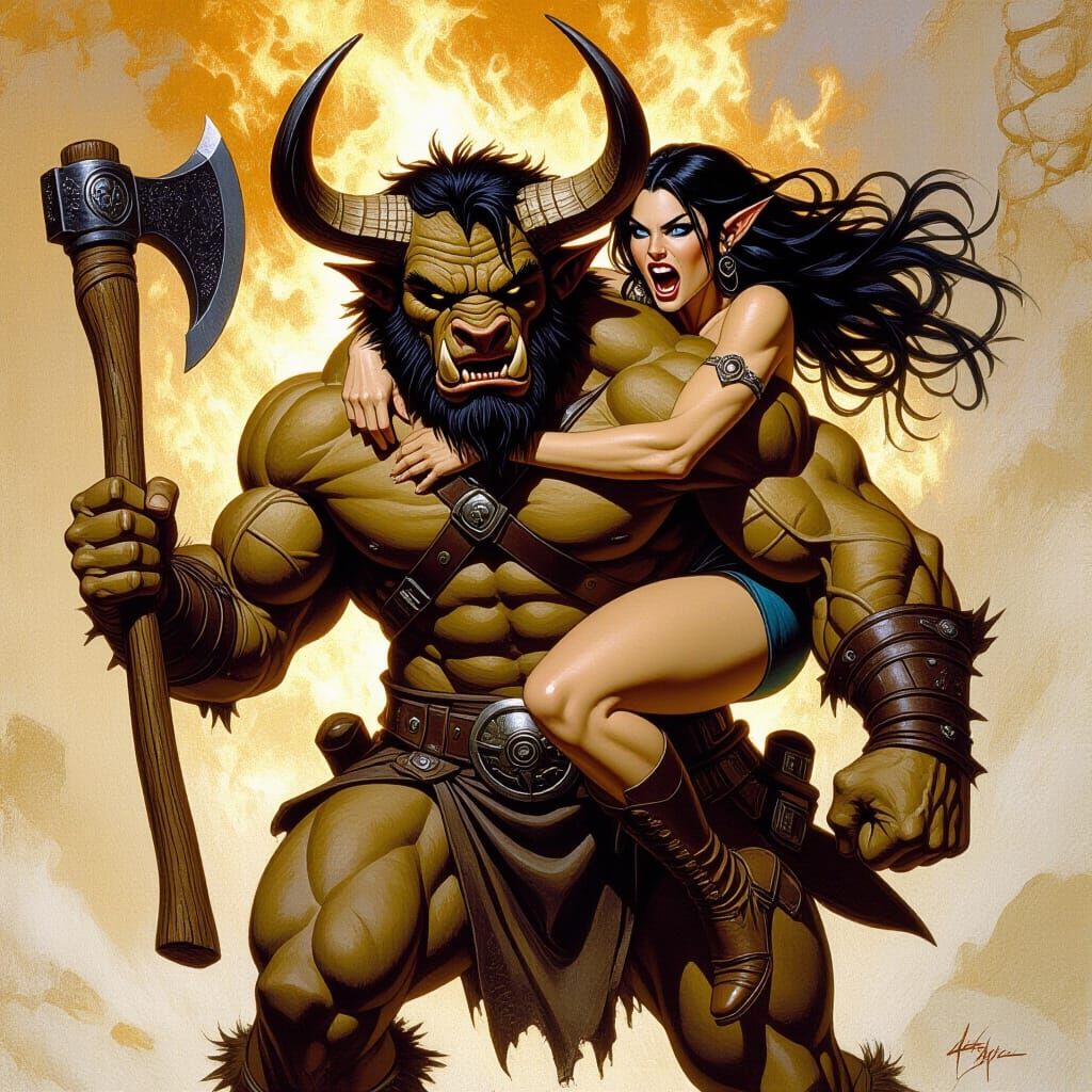 Minotaur Rescues Elf Woman Fireman Style