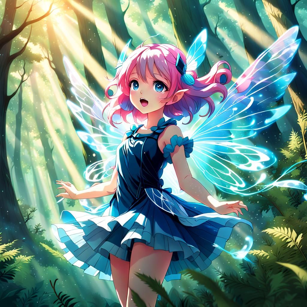 Pink-Haired Music Fairy in Sunlit Forest: Anime Style