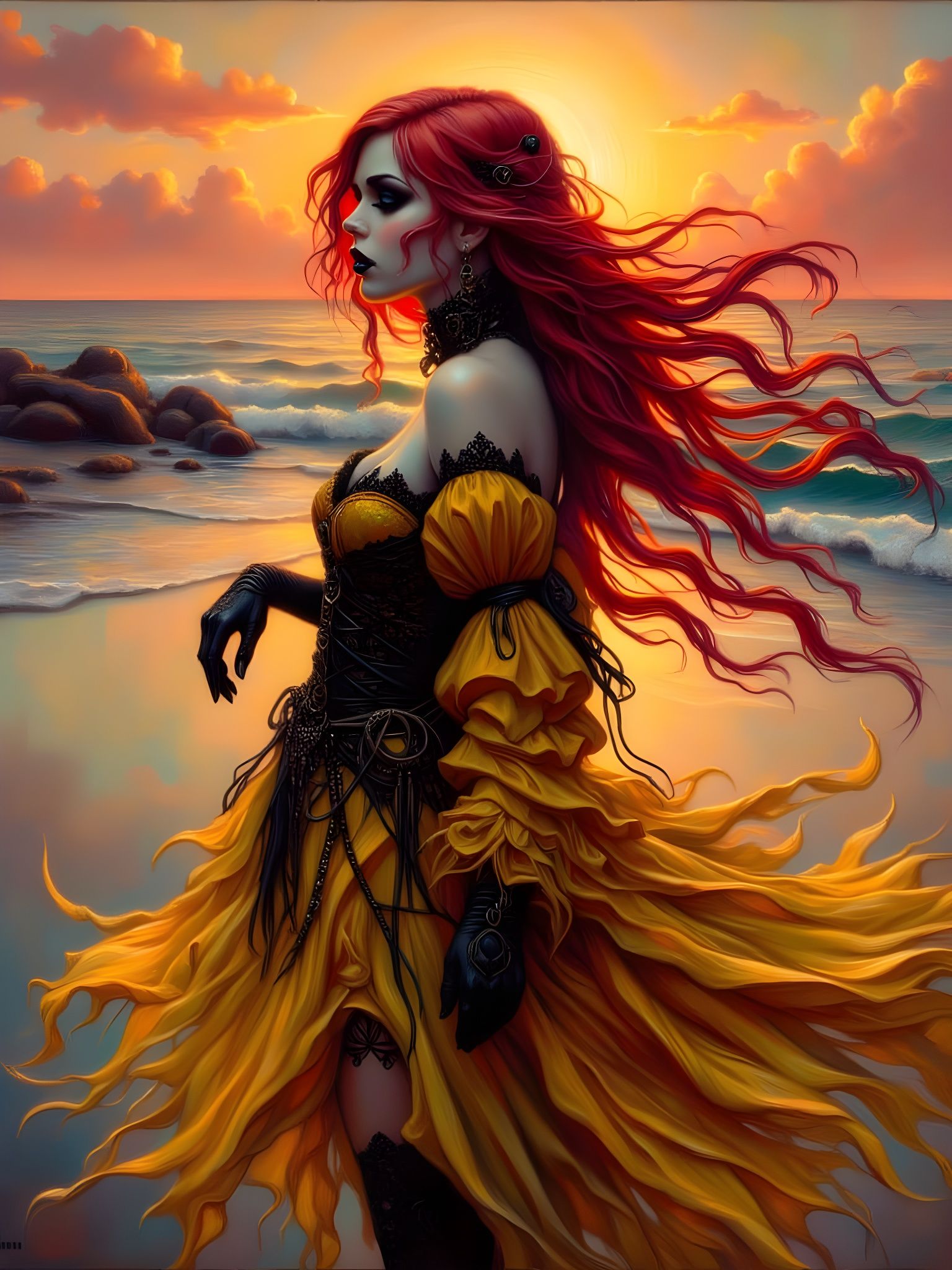 Romantic Goth Norse Goddess Basks in Sunset Glow