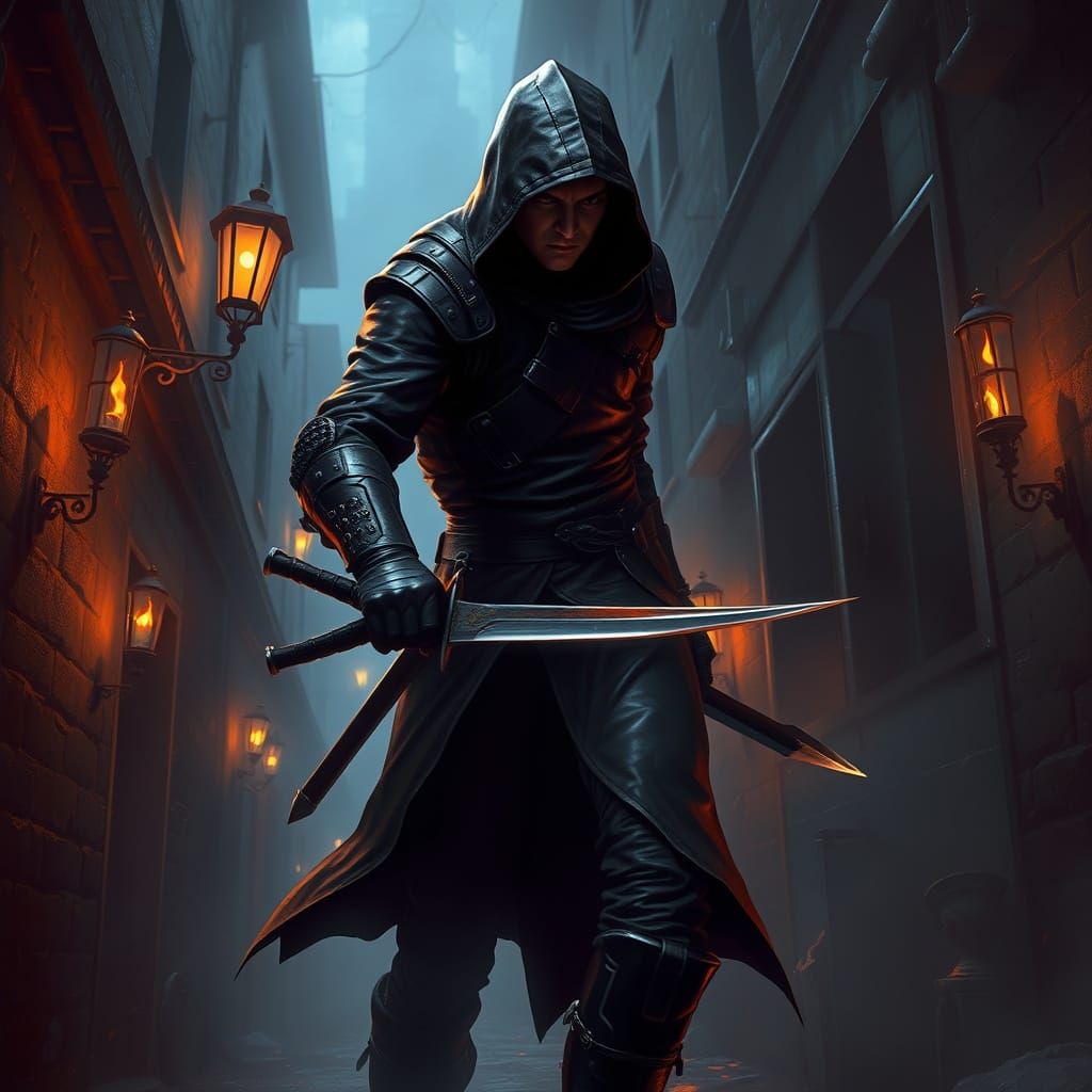 Mysterious Rogue in Misty Alleyways, Frazetta-Inspired Style